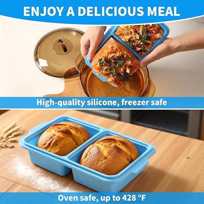 EuChoiz 2 Pack Silicone Freezer Tray Cubes 2 Cup with Date Mark Lids for Freezing Food Leftovers Sauces Portion and Lasagna Broth, Soup Freezer Molds for Meal Prepping Thick Enough