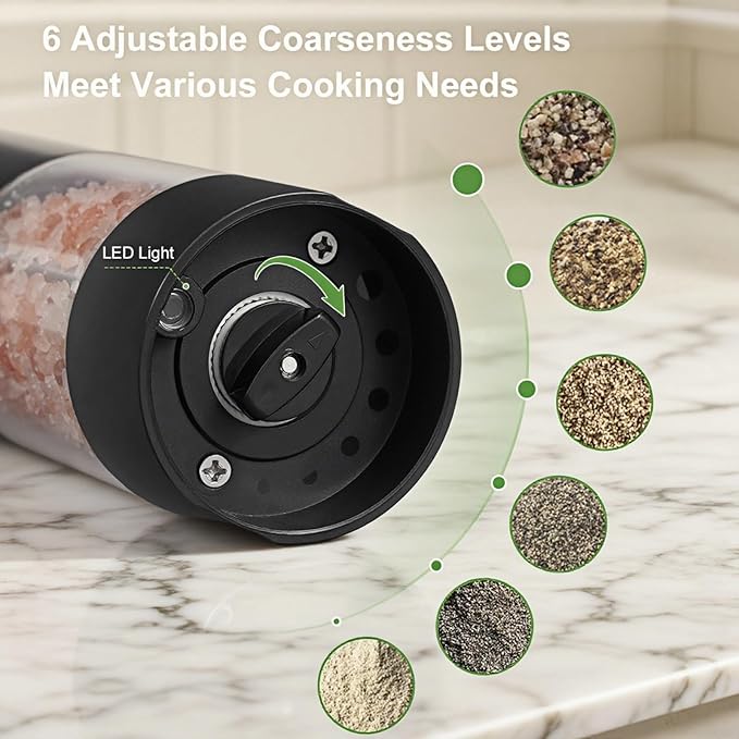 BCTILOP 2Pack Electric Salt and Pepper Grinder Set with Power Display, USB Rechargeable Automatic Salt & Pepper Mills, Adjustable Coarseness, 120ml Larger Capacity with LED Light (Black Set)