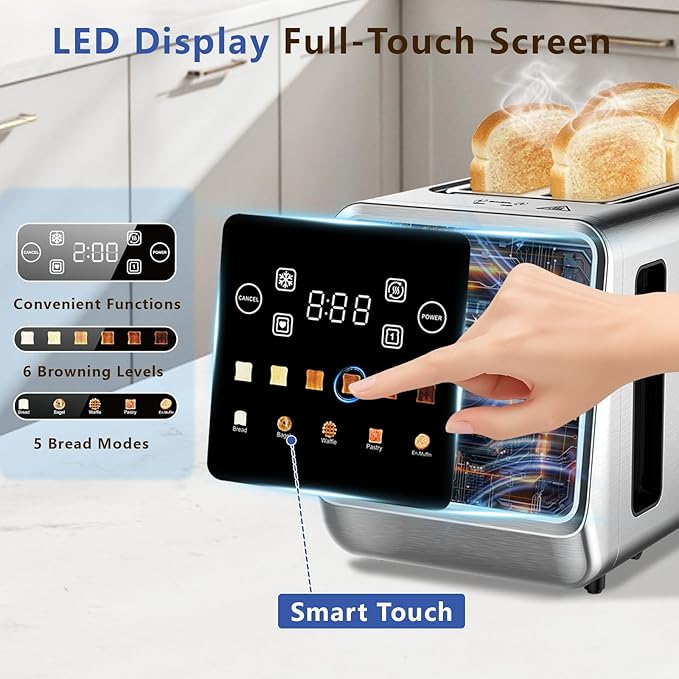 SAKAMOSH 4 Slice Long Slot Touch Screen Toaster, Stainless Steel