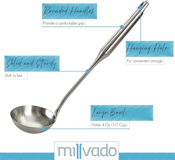 Soup Ladle, PrStainless Steel Ladle, 15" Ladles for Serving or Cooking, Premium Quality, Dishwasher Safe, Heavy Duty Durable Metal, 4 Ounce Kitchen Ladel