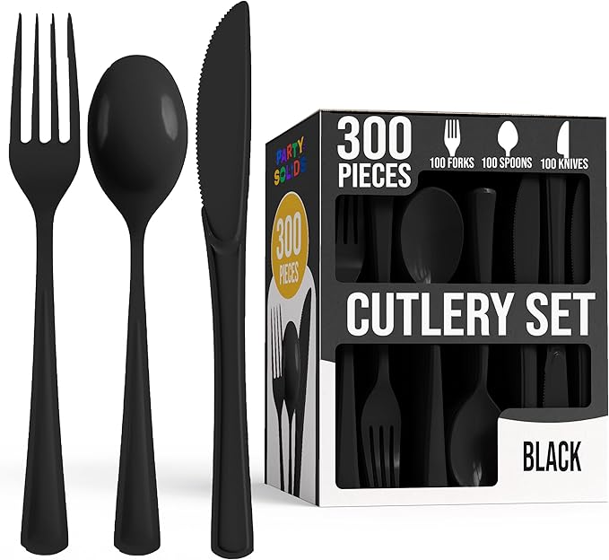 Party Solids Black Plastic Silverware Heavy Duty 300 Pieces Black Disposable Silverware Heavy Duty, Utensil Sets, 100 Of Each Forks, Knives & Spoons Disposable Cutlery Set For Party Supplies