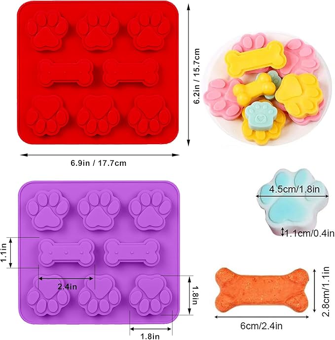 SAGOOITS Silicone Molds Puppy Dog Paw & Bone Shaped 2 in 1 and Stainless Steel Cookie Cutter,for Homemade Treats Cat Animal Ice Candy Chocolate Baking Mold(Pink&Purple&Red)
