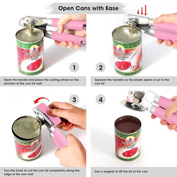 Beneno Heavy Duty Hand Can Opener Manual with Magnet Lid Remover, Pink