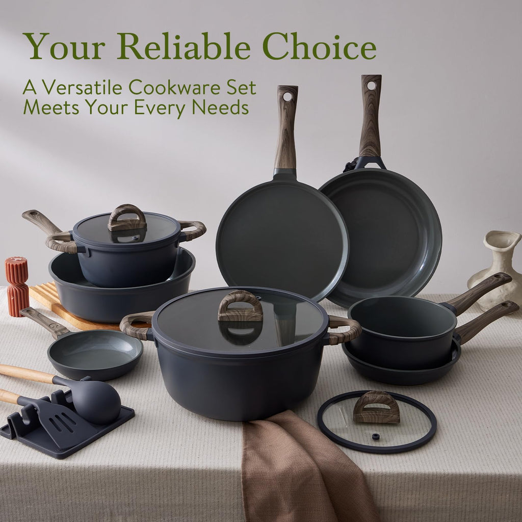 USELUCK Pots and Pans Set Non Stick Non-Toxic 22 Pcs Ceramic Cookware Sets Nonstick Kitchen Pot&Pan With Lid Stone Gray Granite Induction Compatible with Glass Lids Crepe Frying Pan PFOA/PFOS-Free