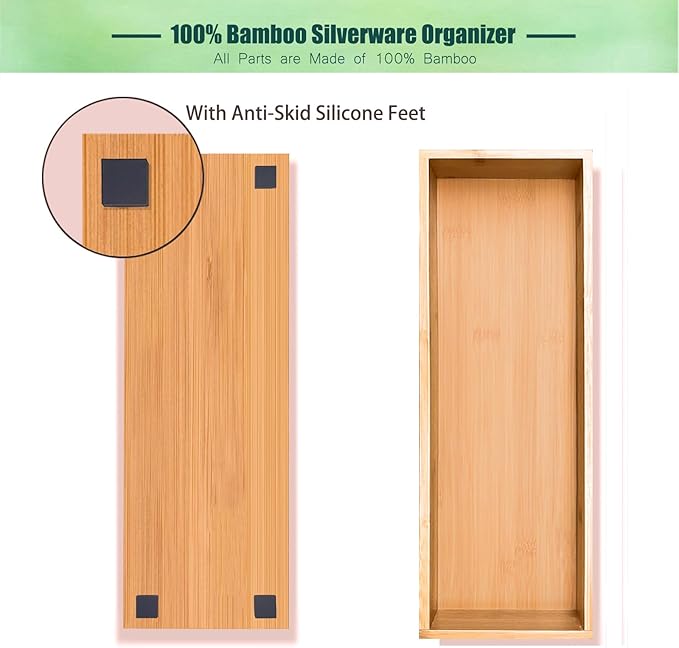 guiogc Silverware Drawer Organizer, Utensil Organizer, Bamboo Storage Box Wood Tray for Drawer Set of 2
