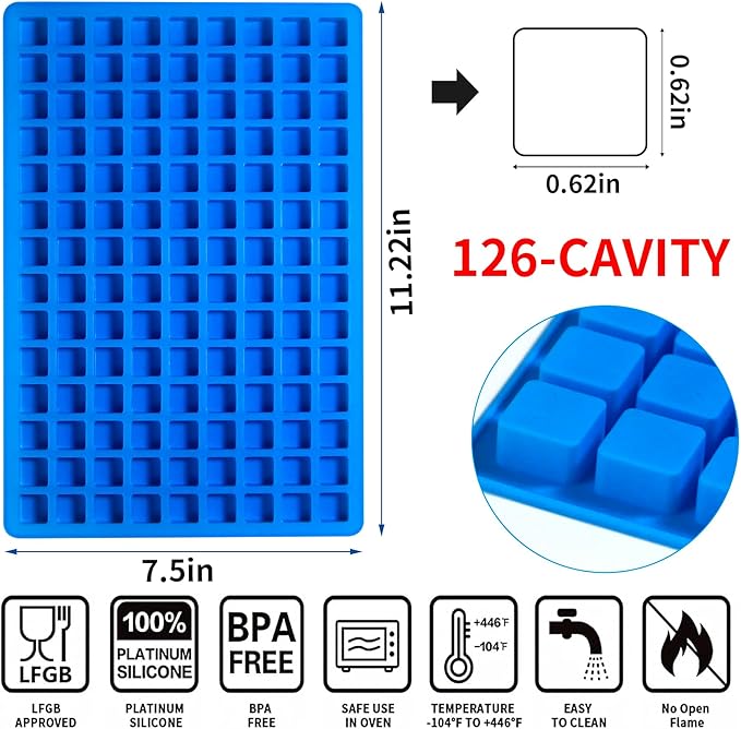 Sidosir Square Caramel Candy Mold Silicone, 126-Cavity Gummy Silicone Molds for Fat Bombs, Chocolate Truffles Mold for Hard Candy, Ice Cube