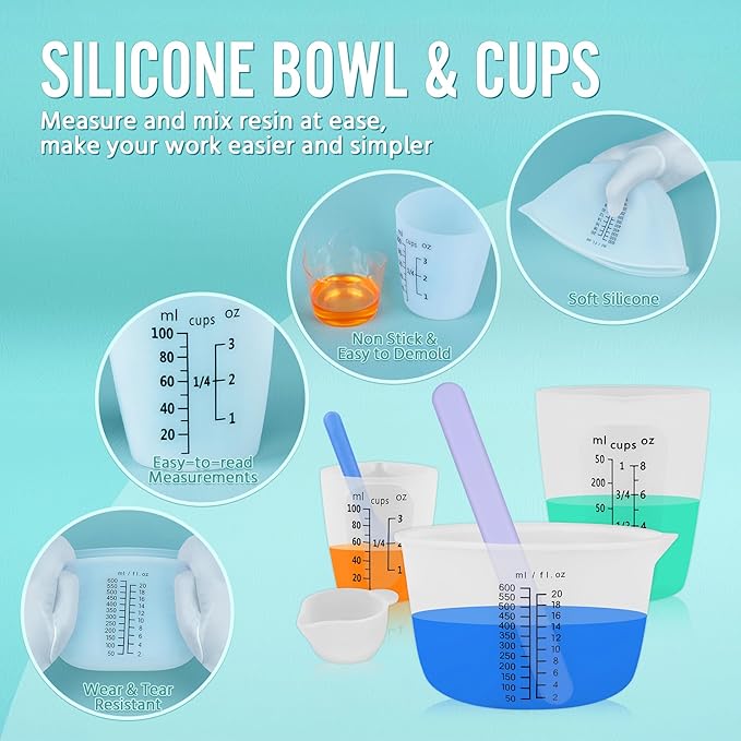 SWIGRANCE Silicone Resin Mixing Measuring Cups for Resin Supplies, Easy-to-Read Marks, 600ml/20oz Bowl, 250&100ml Thickened Reusable Silicone Cups for Epoxy Mixing, with Stir Sticks, Jewelry Making
