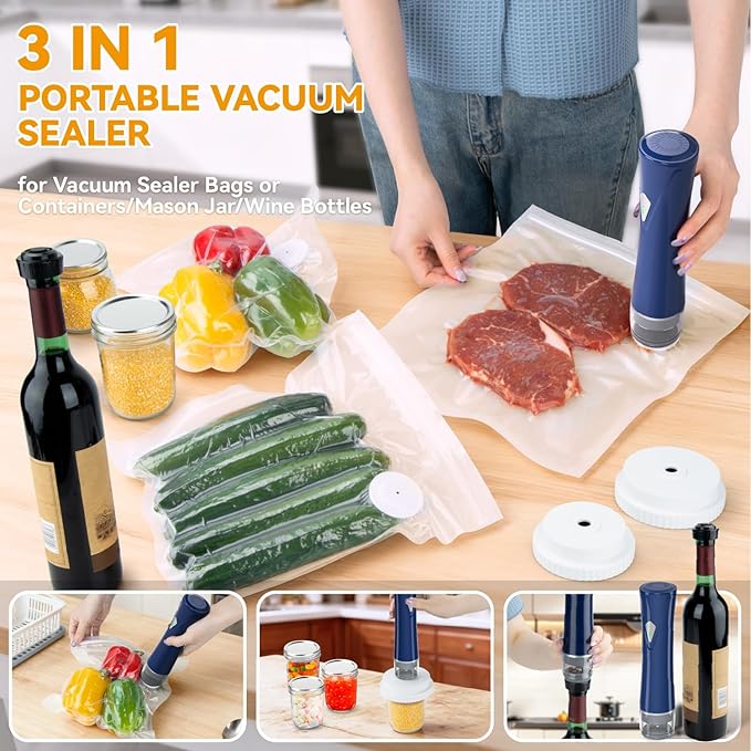 GPUTEK 3-in-1 Compact Vacuum Sealer for Food with Bags & Mason Jar Kit