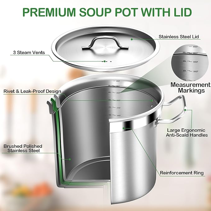 STOCKPOT Large Soup Pot with Lid - 40 Quart Stainless Steel Stockpots, Cooking Pots, Stock Pot with Lid, Big Pots for Cooking, Heavy Duty, Induction & Oven Safe