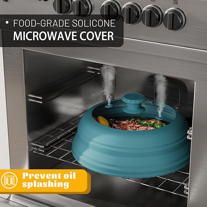 Microwave Splatter Cover, Vented Silicone & Glass Anti-Splatter Lid with Handle, Collapsible Food Plate Cover Fits 6–11 Inch Plates and Bowls (Blue, 11.8inch)