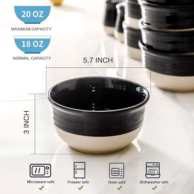 HASENSE Ceramic Cereal & Soup Bowls Set of 6, 20 Oz Black & Beige Stackable Stoneware Bowls, Farmhouse Bowls for Ramen, Salad, Oatmeal & Rice, Dishwasher & Microwave Safe
