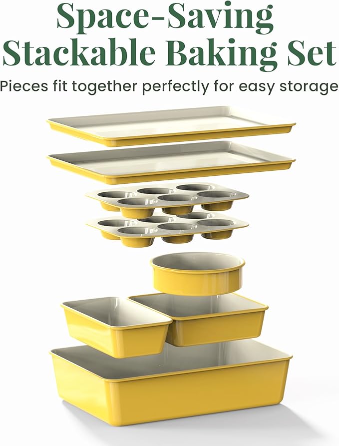 Larder & Vine 8-Piece Stackable Bakeware Set, Ceramic-Coated Nonstick Baking Pan Set, Non-Toxic, with Baking Sheets, Muffin Pan, Loaf Pan & Cake Pans, Limoncello