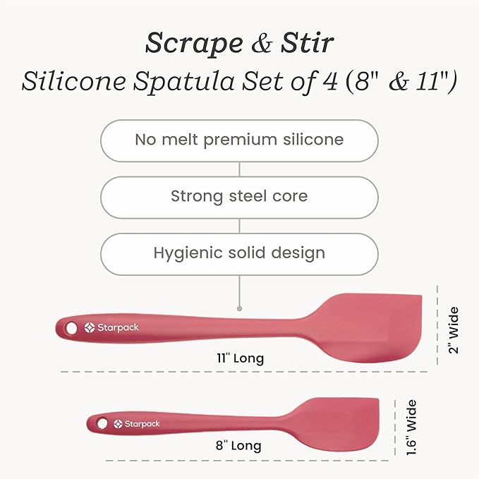 Starpack 'Scrape and Stir' Silicone Rubber Spatula Set (4-Piece) - LFGB Non Toxic, 600°F Heat Resistant, BPA-Free, One-Piece Kitchen Baking Spatulas - Dishwasher Safe for Nonstick Cookware Earthy Pink