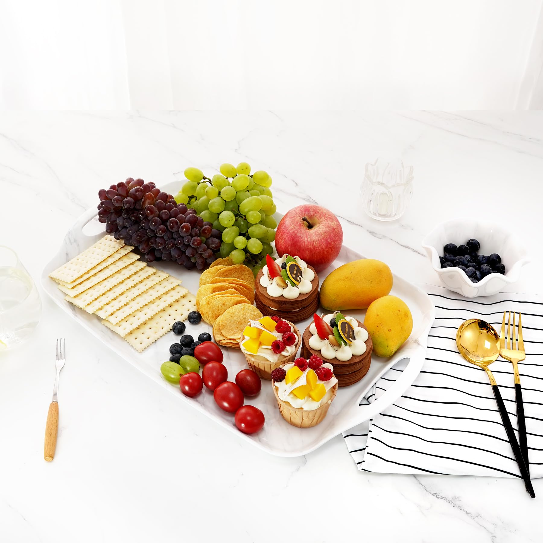 TP Melamine Serving Trays with Handles, 17” x 12”, Set of 2, White Marble