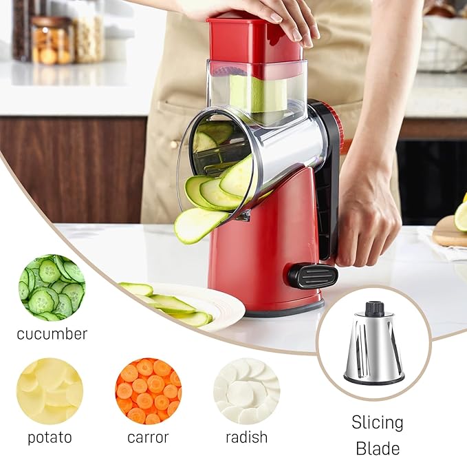 Weltonhm 4 in 1 Large Rotary Cheese Grater Hand Crank (Red black 4 Graters)