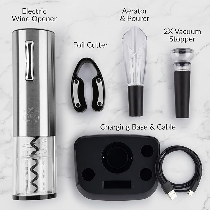 Zulay Kitchen Electric Wine Opener with Charging Base - Electric Wine Bottle Opener, Stainless Steel Wine Opener - Aerator Pourer, Foil Cutter & 2 Vacuum Stoppers - Silver