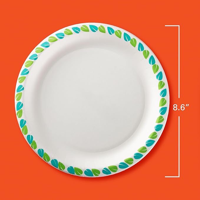 Hefty Compostable Paper Plates, 8.6 Inches, 30 Count, Patterned Disposable Plates for BBQs, Parties, Holidays, Potlucks, and Everyday, Soak-Resistant, Made with Plant-Based Materials, Microwave Safe