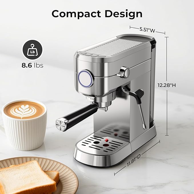 Havato 20 Bar Espresso Machine, Compact Espresso Coffee Maker with Milk Frother for Latte/Cappuccino, Auto Clean/34oz Removable Tank/Auto Shut-Off, Espresso Maker for Home/Office, Stainless Steel