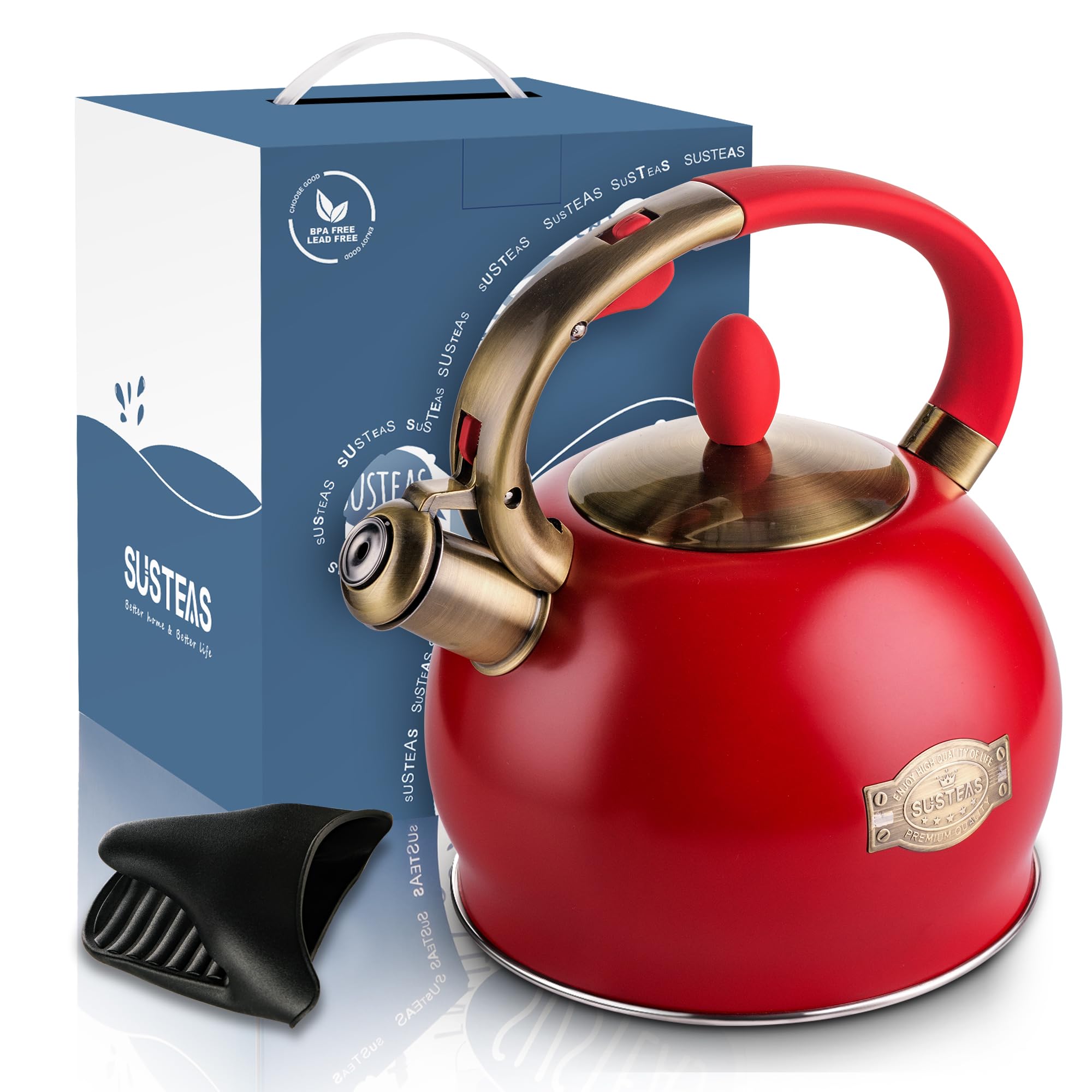 SUSTEAS Whistling Tea Kettle, 2.7QT Food Grade Stainless Steel Teapot, RED