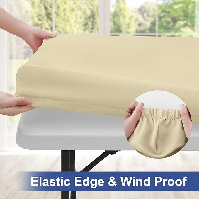 homing Rectangle Table Cloth Cover, Water-Resistant Polyester Elastic Fitted Tablecloth, Fits for 5 Foot Folding Tables, Washable Table Protector for Picnic, Camping, Outdoor (Champagne, 36" x 60")