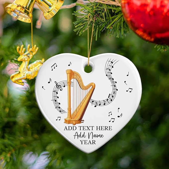 Customized Harp Music Instrument Ceramic Ornaments, Personalized Text Name Year Harpist Christmas Ornament, 2026 Xmas Ornament Gift for Harp Player Teacher Student, Musician Xmas Decorations