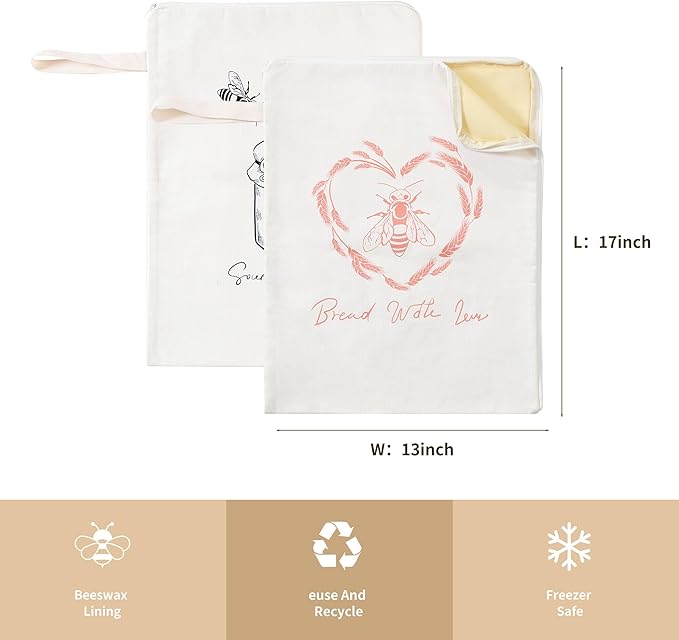 Premium Beeswax Bread Bags for Sourdough with Wide Zipper Access, 2 Pack XL(13x17in) Reusable Organic Beeswax-Coated Linen Cotton Bread Bags for Homemade Bread, Keeps Bread Fresh Naturally
