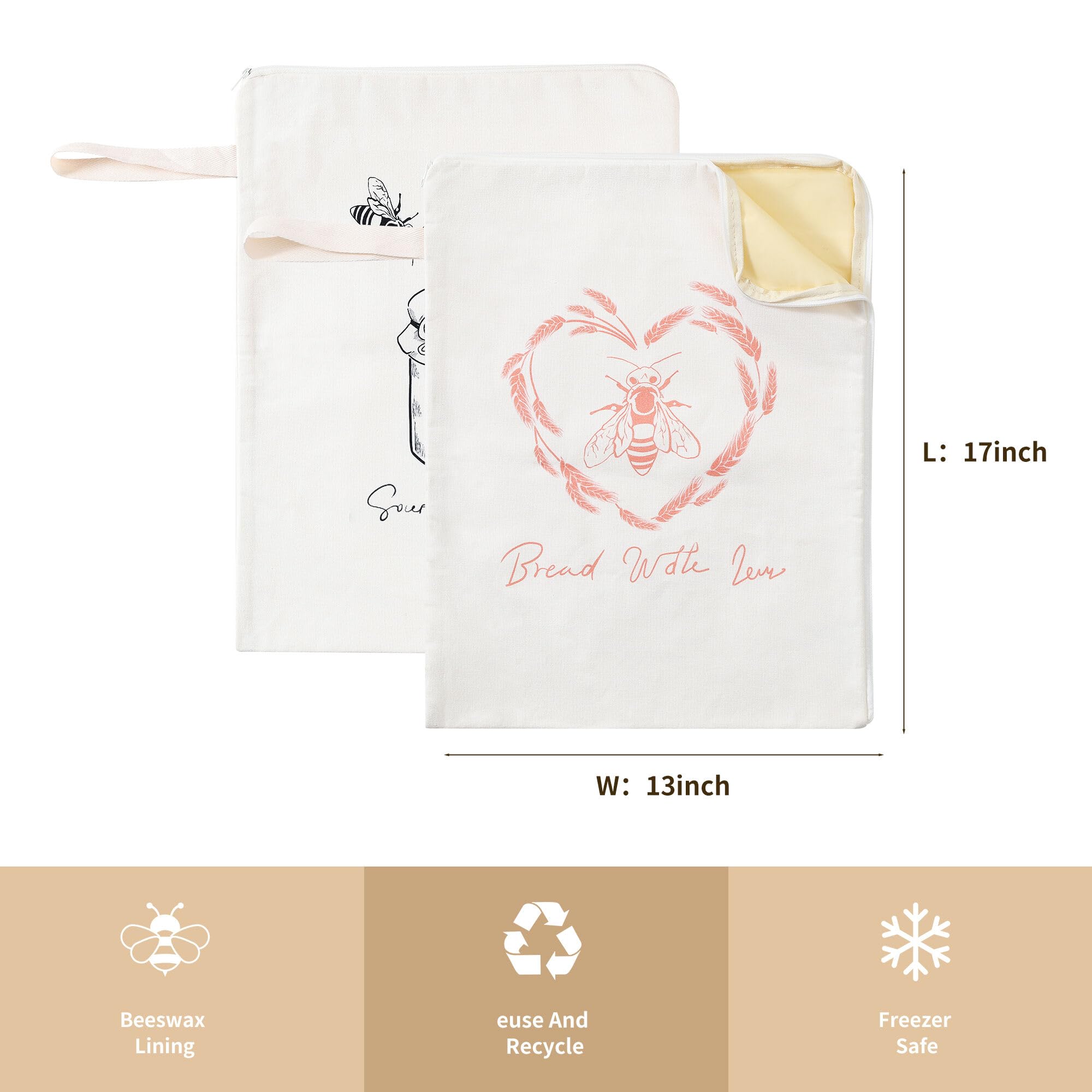 Premium Beeswax Bread Bags for Sourdough with Wide Zipper Access, 2 Pack XL(13x17in) Reusable Organic Beeswax-Coated Linen Cotton Bread Bags for Homemade Bread, Keeps Bread Fresh Naturally