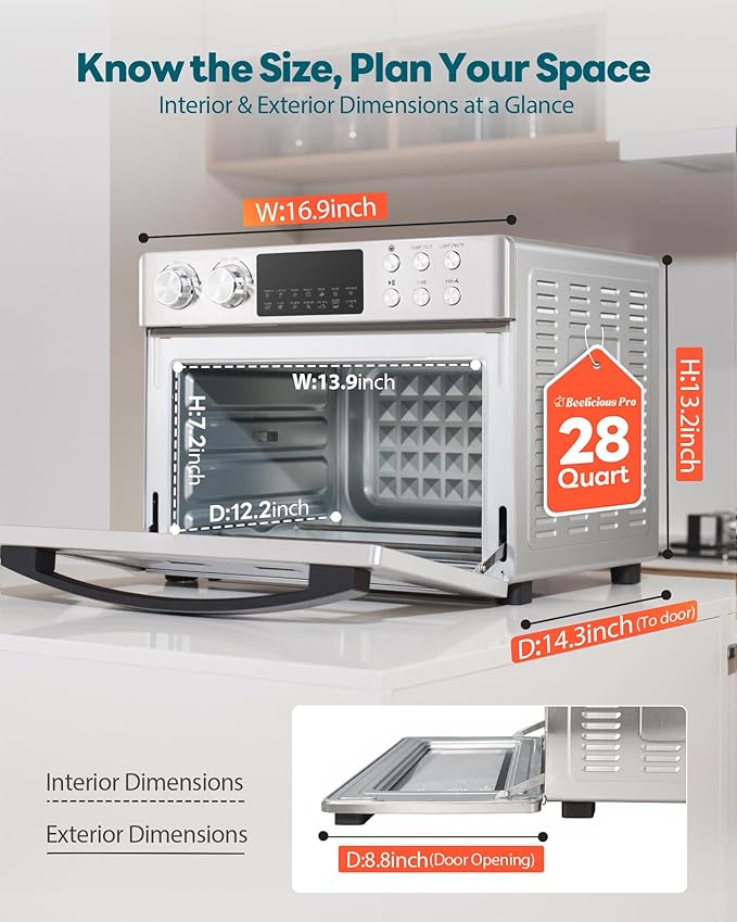 28QT Air Fryer Toaster Oven Combo, Large 12-in-1 Convection Countertop Oven with 3-Layer Cooking, Rotisserie for Chicken, 6 Heating Tubes, Fast Preheat, Fit 11" Pizza, Stainless Steel