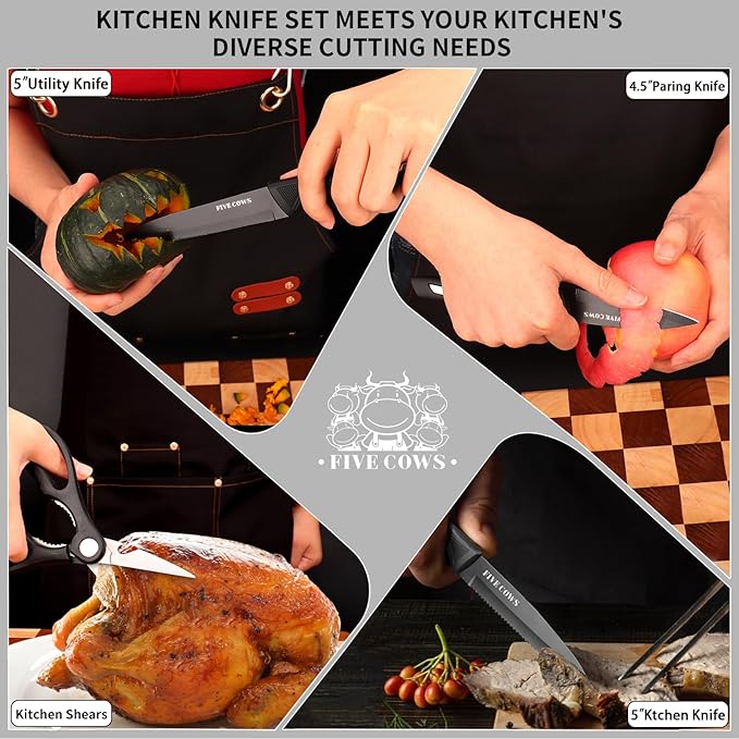 FIVE COWS Premium 12-Piece Kitchen Knives Set with Universal Knife Block