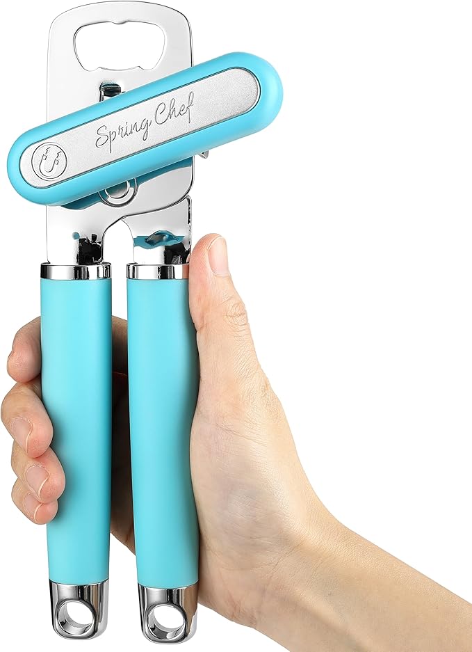 Spring Chef Stainless Steel Manual Can Opener w/Soft Grip Handle, Aqua Sky