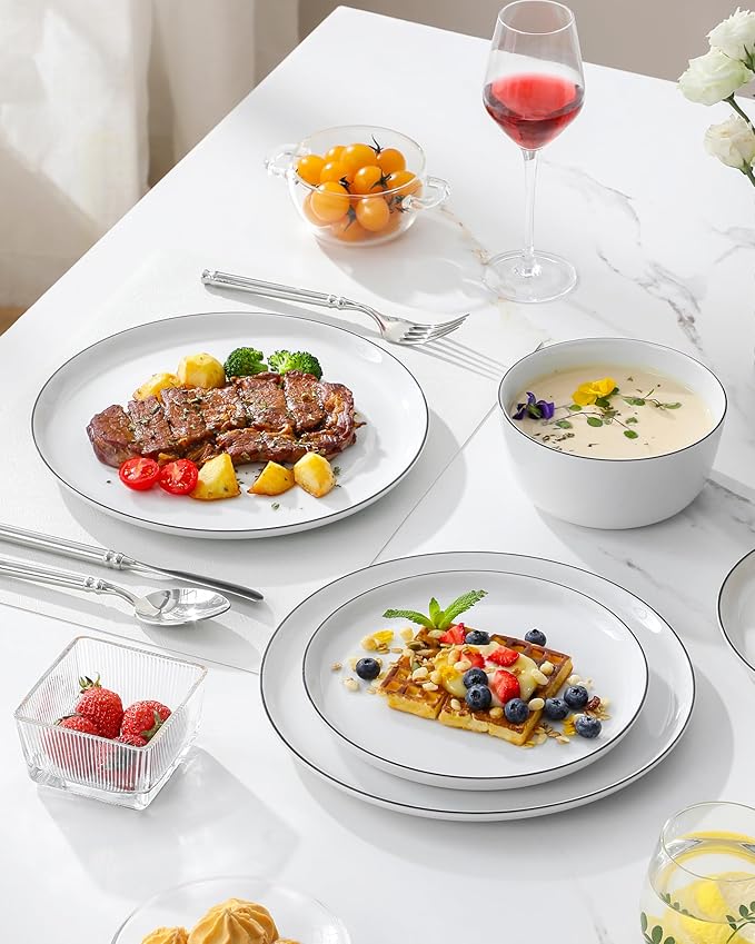 MALACASA 18-Piece Dinnerware Set for 6, White Black-Rim Porcelain Dishes