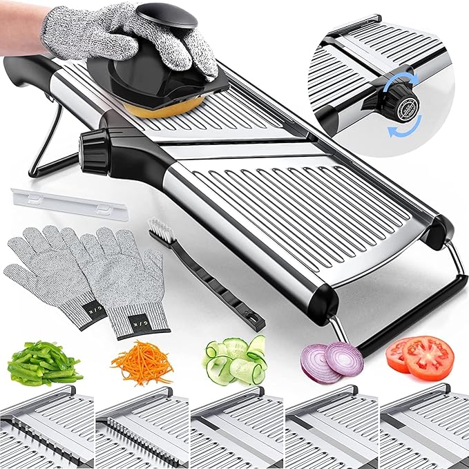 Gramercy Adjustable Mandoline Food Slicer, Mandoline Slicer for Kitchen, Mandolin, Potato, Tomato, Carrot, Vegetable, Fruit and Onion Cutter, Stainless Steel, INCLUDING Cut-Resistant Gloves, Black PRO