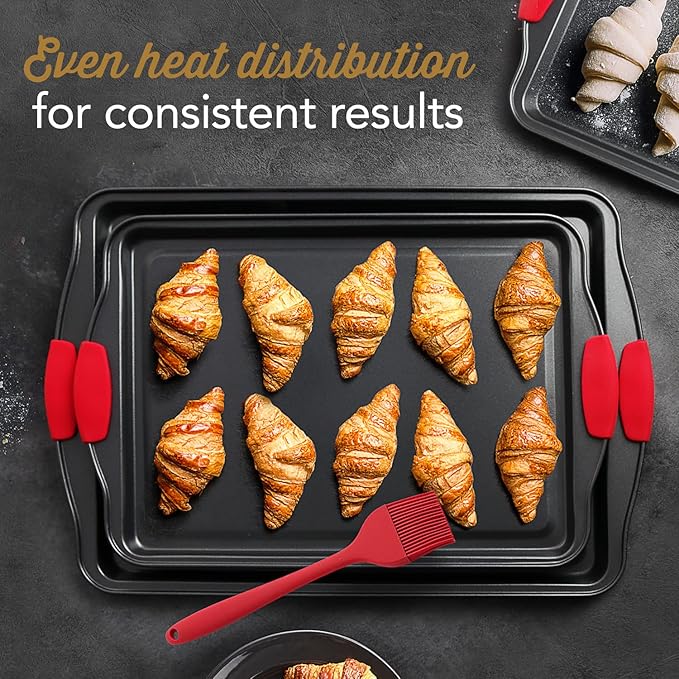 Eatex Nonstick Baking Sheet Set, 2-Piece Baking Pans Set with Silicone Handles, Carbon Steel Cookie Sheets for Baking Commercial Grade Quality Oven Tray, Large Half Sheet Pans for Baking