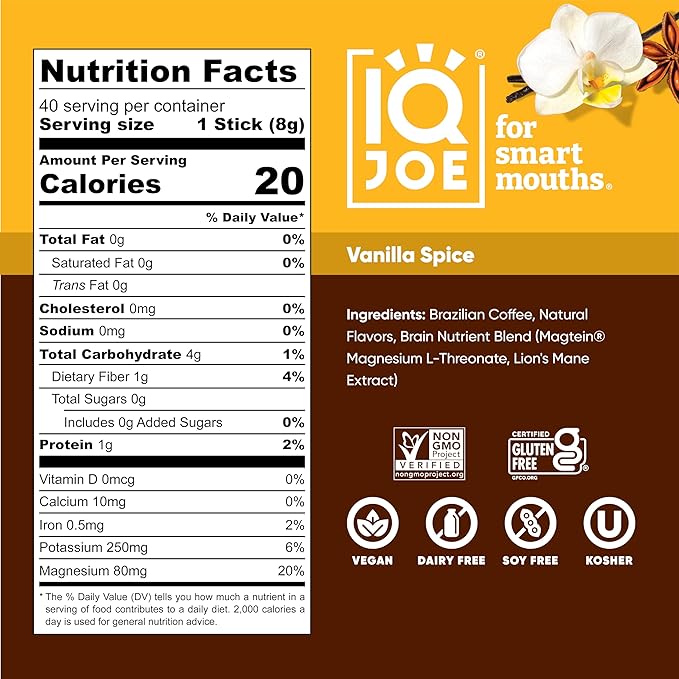 IQJOE Mushroom Coffee, Vanilla Spice, 40 Stick Packs | Keto, Zero Sugar