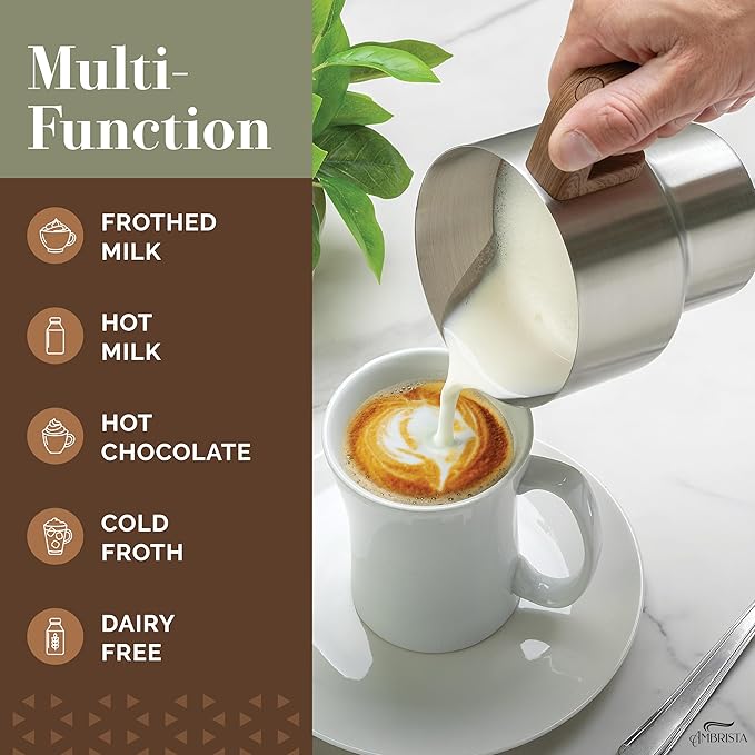 AMBRISTA All in One 16oz Stainless Steel Electric Milk Frother | Foam Maker for Coffee | Hot and Cold Froth, Heated Milk, Hot Chocolate and More | Dishwasher Safe and Easy to Clean