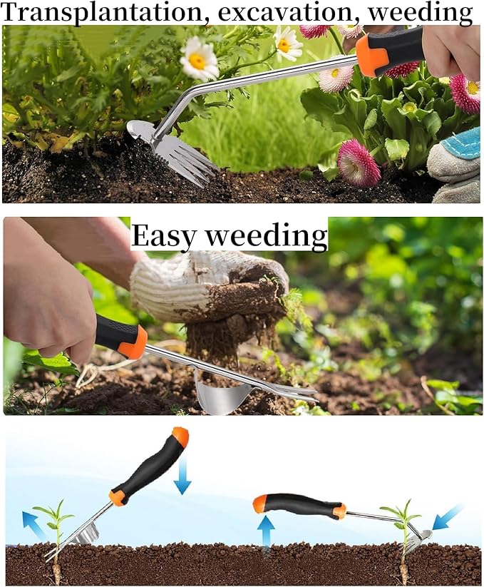 ANGKMA Weed Puller Tool， New Garden Weeder Tool Stainless Steel Hand Weeder Tool,4 Teethes Dual Purpose Weed Remover Tool Weeding Tools for Gardening(2PCS)