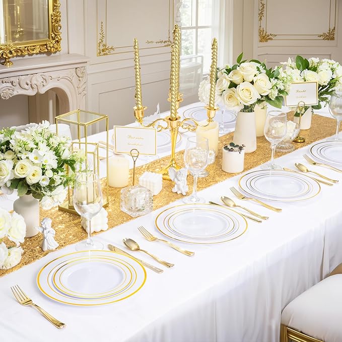 WDF300 Pieces Gold Plastic Silverware - Heavy Duty Disposable Cutlery Set Plastic Gold Silverware Set Includes 100 Forks, 100 Spoons, 100 Knives for Party/Baby Shower/Wedding/Birthday