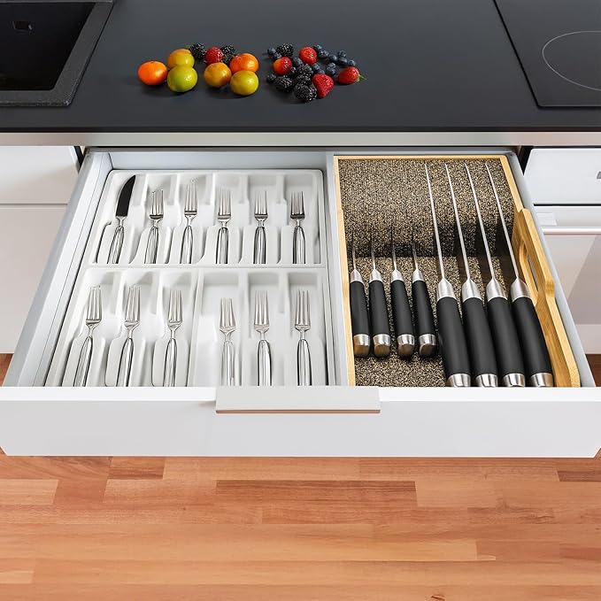 Mospten Bamboo Knife Drawer Organizer Insert - Kitchen In-Drawer Knife Block Holder, Flexible Dividers for Knives Organization