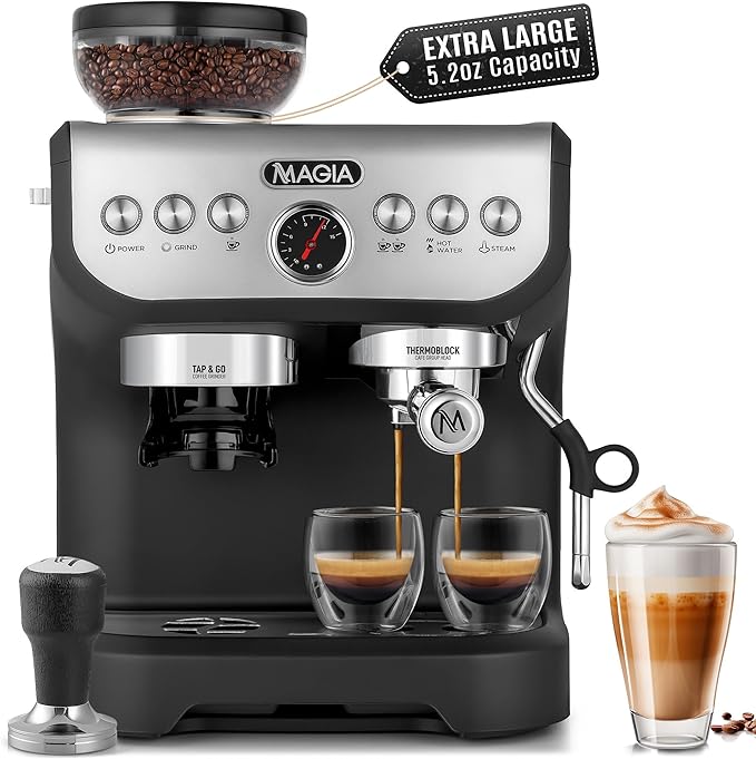 Zulay Kitchen Magia Manual Espresso Machine with Built-In Grinder & Steam Wand – 15 Bar Pressure Espresso Maker, 2L Removable Water Tank, Milk Frother, Complete Home Barista Set, Black & Silver