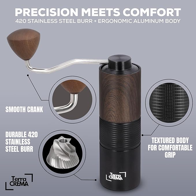 Terra CREMA Manual Coffee Grinder – Precision Stainless Steel Conical Burr Hand Grinder for Espresso, Pour Over, French Press & Aeropress – All-in-One Travel Kit with Carry Case, Brush & Air Blower