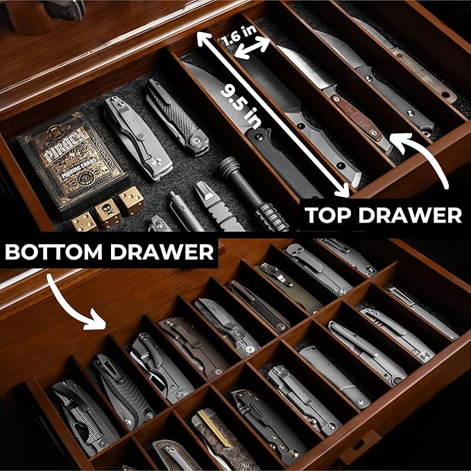 Holme & Hadfield 50 Knife Wooden Pocket Knife Display Case with 2 Drawers