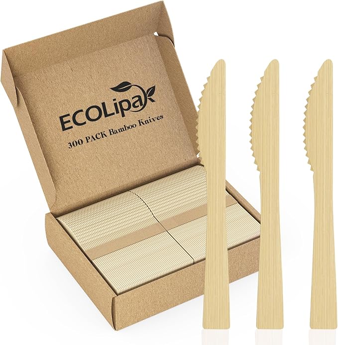 ECOLipak 300 Count Disposable Compostable Bamboo Knives for Party, Dinner