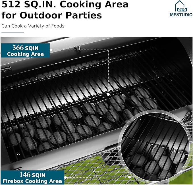 MFSTUDIO Barrel Charcoal Grill w/Offset Smoker w/ 512 SQ.IN. Cooking Area