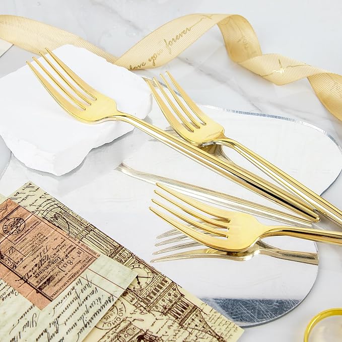 U-QE 180Pcs Gold Plastic Forks - 7.6 Inch Heavy Duty Plastic Forks, Heavyweight Gold Plastic Silverware Perfect For Parties & Weddings and Other Daily Events