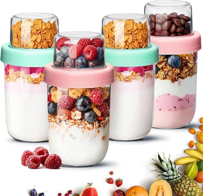 ComSaf 16+4Oz 4Pcs Overnight Oats Containers with Lids, Dual-Layer Jars