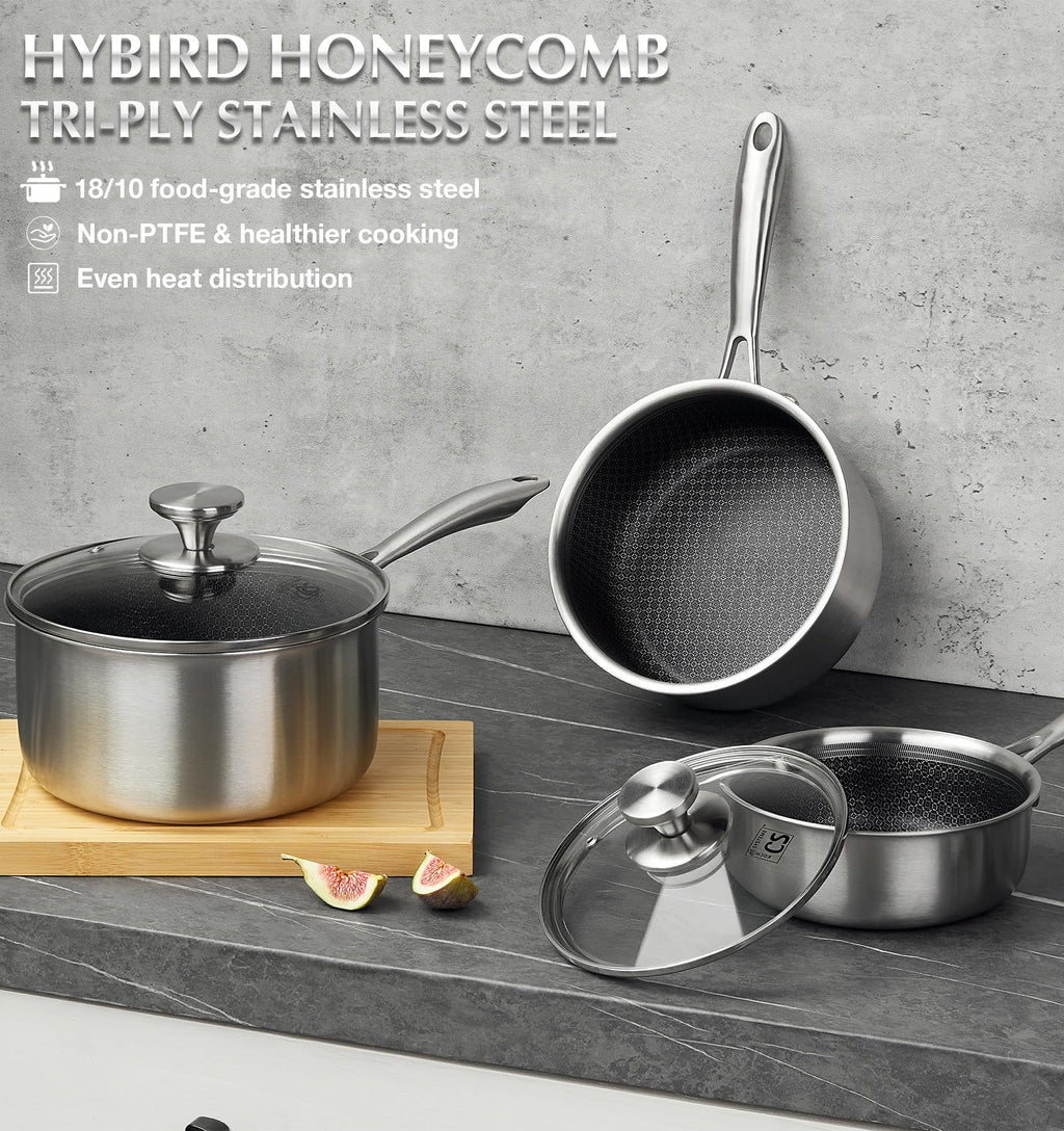KOCH SYSTEME CS Hybrid Nonstick Stainless Steel Saucepan Set, 1QT & 2QT Triply Stainless Steel Saucepan Set with Hybrid Nonstick Honeycomb Interior, 4-Piece Sauce Pans, Induction Steel Pot Set