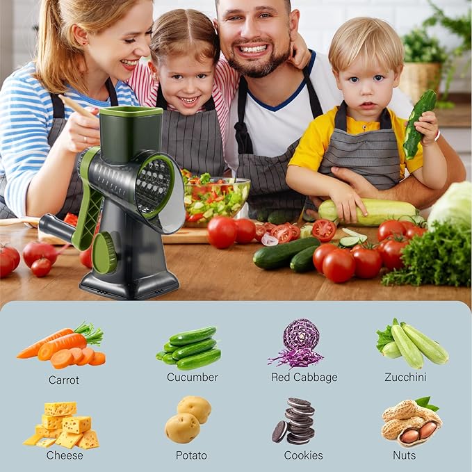 ALEXPHY Rotary Cheese Grater hand crank 3 blades with Stronger Suction Base | Stainless Steel Blades for Fruits, Vegetables, Nuts. Dishwasher Safe & Easy to Clean, Transparent Black & Green