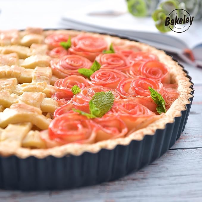 Bakeley 9-Inch Round Tart Pan with Loose Removable Bottom, Non-Stick Carbon Steel Quiche Pan for Oven Baking (Black)
