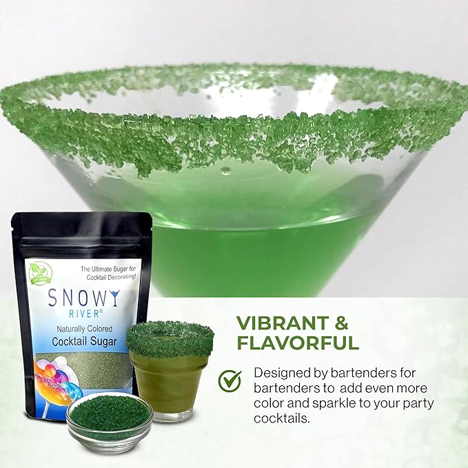 Snowy River Natural Cocktail Sugar Rimmer - Kosher Certified Naturally Colored Beverage Rimming Sugar for Cocktails, Margaritas, Drinks (Holly Green, 4 Ounce)