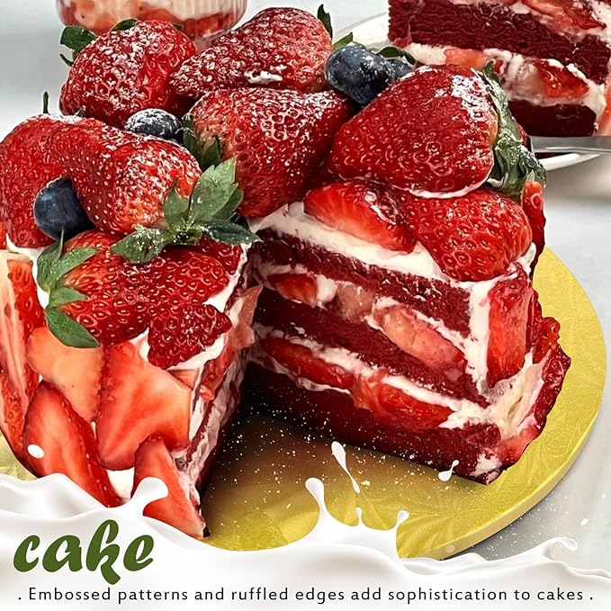 Bekoetoz 10-Pack Round Gold Cake Drum Board 12 Inch Sturdy 1/2 Inch Thick Full Wrap Edge Cake Base for Heavy Tiered Cakes(12" Gold)